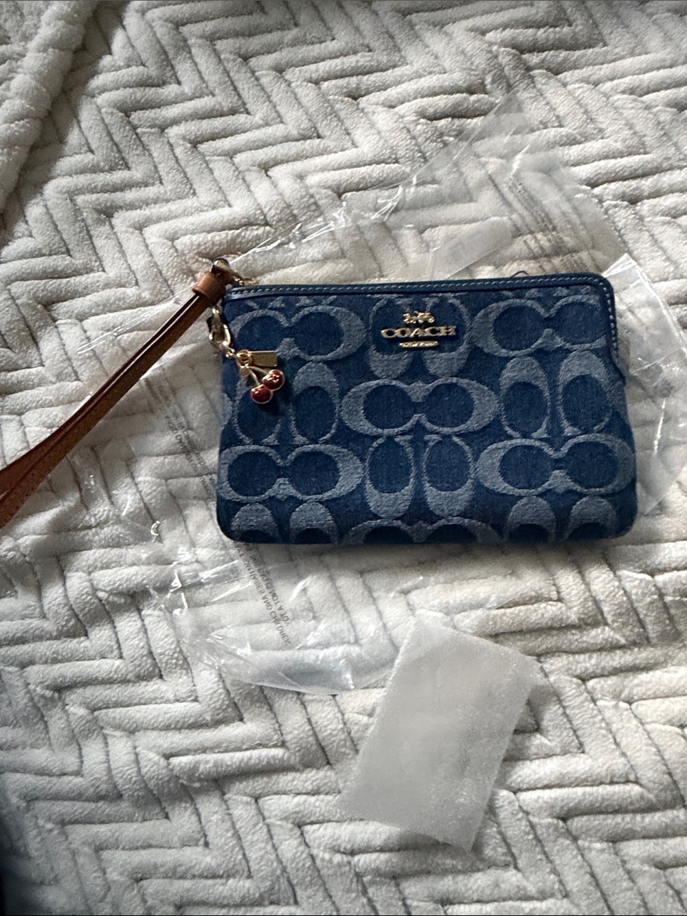 Coach Blue Denim Signature Card & Key Wristlet with Tan Strap